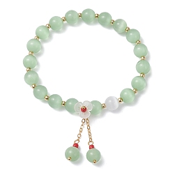 Светло-зеленый Эластичные браслеты из кошачьего глаза для женщин, латунные кабельные цепи и акриловые браслеты с подвесками в виде цветочных кисточек, светло-зеленый, внутренний диаметр: 2-1/8 дюйм (5.3 см), бусина : 8 mm