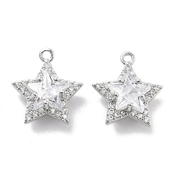 Платинированный Латунные микропаве прозрачные подвески с фианитом, без кадмия, без никеля и без свинца, со стеклом, звезда очарование, Реальная платина, 13x12x5.5 мм, отверстие : 1.2 мм