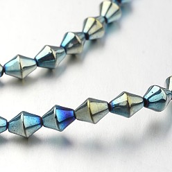 Зеленое Покрытие Гальванизировать немагнитных синтетический гематит нитей бисера, двухконусные, зеленый покрытием, 5.5x4 мм, отверстие : 1 мм, около 72 шт / нитка, 15.7 дюйм