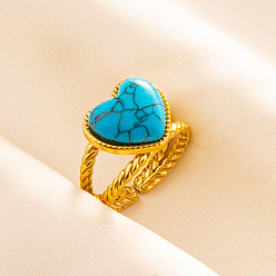 Синтетическая Бирюза Регулируемые 304 манжеты из нержавеющей стали с открытыми кольцами для женщин, сердце, с синтетическими бирюзовый, золотые, 13 мм, внутренний диаметр: 17 мм