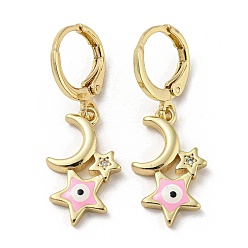 Pearl Pink Golden Brass Dangle Leverback Earrings, with Enamel and Cubic Zirconia, Moon & Star with Evil Eye, Pearl Pink, 32x11mm