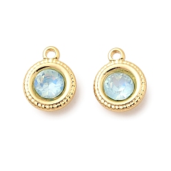 Светло-голубой Латунь стекло амулеты, плоско-круглые, без никеля , реальный 18 k позолоченный, граненые, светло-голубой, 9x7.5x4 мм, отверстие : 1 мм
