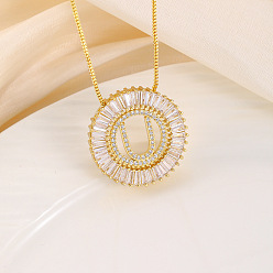 Letter U Кольцо из латуни с прозрачными кубическими цирконами и подвеской в виде буквы, цепочка-коробка, золотые, Буква U, 17.72 дюйм (45 см)