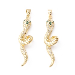 Настоящее золото 18K Латунные микро-паве зеленые кубические циркониевые подвески, долговечный, без кадмия и без свинца, змея, реальный 18 k позолоченный, 46x11x6 мм, отверстие : 4.5x3.5 мм