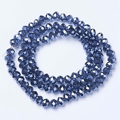 Marine Blue Electroplate Glass Beads Strands, Pearl Luster Plated, Faceted, Rondelle, Marine Blue, 10x8mm, Hole: 1mm, about 65~66pcs/strand, 20.8~21.2 inch(53~54cm)