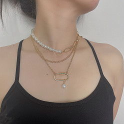 Золотой 3 шт. пластиковый жемчужный круглый бисер и овальная цепочка с подвеской из сплава 3 многослойные ожерелья для женщин, белые, золотые, 13.78~17.72 дюйм (35~45 см)