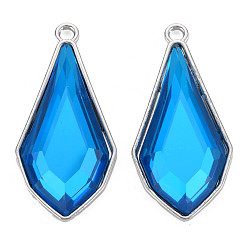 Deep Sky Blue Faceted Glass Pendants, with Alloy Open Back Settings, Teardrop Charms, Cadmium Free & Lead Free, Light Gold, Deep Sky Blue, 45.5x22x5.5mm, Hole: 3mm