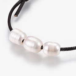 White Adjustable Cowhide Leather Cord Bracelets, with Natural Pearl Beads, White, 2 inch~3-1/8 inch(5~8cm)(adjustable)