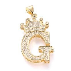 Letter G Латунные микро проложить кубического циркония подвески, долговечный, со сменными под залог, буква g с короной, реальный 18 k позолоченный, прозрачные, letter.g, г: 28x17x4 мм, отверстие : 3x4 мм