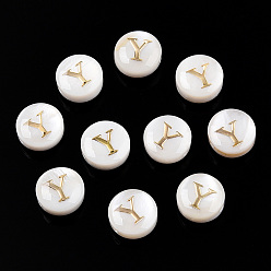 Letter Y Естественных пресноводных стеклянные бусы, с позолоченными элементами из травленой латуни, плоские круглые с буквы, Письмо Y, 7.5~8x4~5 мм, отверстие : 0.8 мм