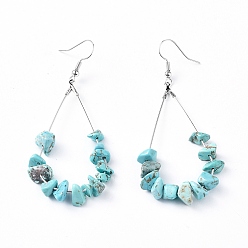 Синтетическая Бирюза Болтаются серьги, с синтетическими бирюзовыми чипсами, крючки для серег из латуни с платиновым покрытием и каплевидная капля, , 71~75 мм, Кулон : 53.5~59 мм, штифты : 0.5 мм