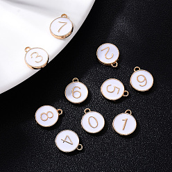 White Light Gold Plated Alloy Enamel Charms, Enamelled Sequins, Flat Round with Number, Number 0~9, White, 14.5x12x2.5mm, Hole: 1.4mm, 10pcs/set
