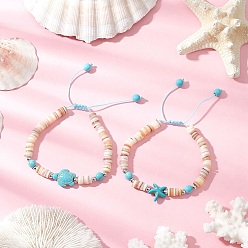 Небесно-голубой 2шт. бусины из натуральных пресноводных ракушек в виде морских звезд и черепах, плетеные браслеты из бусин, с синтетическими бирюзовых бус, голубой, внутренний диаметр: 1-7/8~3 дюйм (4.8~7.7 см)
