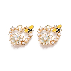 Бледно-бирюзовый Стойки обшивки сплава эмали подвески, с ABS имитации жемчуга, без кадмия, без никеля и без свинца, золотой свет, подвеска в виде сердца с цветком и пчелой, бледные бирюзовая, 19x20x4 мм, отверстие : 1.8 мм