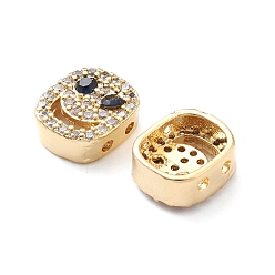 Dark Blue Brass Micro Pave Cubic Zirconia Beads, Lead Free & Cadmium Free, Long-Lasting Plated, Real 18K Gold Plated, Oval with Smiling Face, Dark Blue, 9x8x4mm, Hole: 1mm
