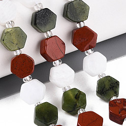 Природный Драгоценный Камень Нити бусин из натурального канадского нефрита, красной яшмы и радужного лунного камня, шестиугольник, граненые, 8~8.5x9~9.5x4~5 мм, отверстие : 0.8~0.9 мм, около 18 шт / нитка, 7.28~7.48'' (18.5~19 см)