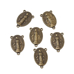 Antique Bronze Holy Oval Carved Virgin Mary Tibetan Style Alloy Chandelier Component Links, 3 Loop Connectors, Rosary Center Pieces, Antique Bronze, Lead Free & Cadmium Free, 23x14.5x3mm, Hole: 1mm, about 470pcs/kg
