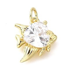 Fish Латунные микро проложить кубического циркония подвески, с целью перехода в кольце, без свинца и без кадмия, реальный 18 k позолоченный, стойки покрытие, прочное покрытие, рыба, 13x12.5x4.5 мм, отверстие : 3 мм
