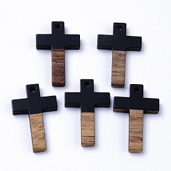 Black Resin & Walnut Wood Pendants, Cross, Black, 26x16x3mm, Hole: 1.8mm