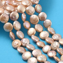 Персиковый Слойка Натуральный жемчуг в стиле барокко кеши, культивированный пресноводный жемчуг, плоско-круглые, класс 6а++, розовые, 10.5~13x6~7 мм, отверстие : 0.6 мм, около 29~35 шт / нитка, 15.16~15.55'' (38.5~39.5 см)