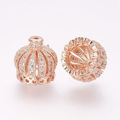 Розовое Золото Латунные микро проложить кубического циркония бусы, кисточка крышка под залог, корона, полый, розовое золото , 8.5x9 мм, отверстие : 0.5 мм