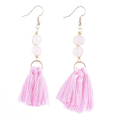 Rose Quartz Dangle Earrings, with Cotton Thread Tassels, with Natural Rose Quartz Gemstone Beads and Brass Earring Hooks, Golden, Pearl Pink, 84mm, Pin: 0.6mm