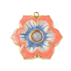 Коралловый Крашеные натуральный белый нефрит подвески, подвески-цветы из эмали из нержавеющей стали, реальный 18 k позолоченный, коралл, 21.5x23x3.5 мм, отверстие : 1.4 мм