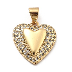 Настоящее золото 18K Покрытие стойки латунь с подвесками из фианита, долговечный, без свинца и без кадмия, сердце прелести, реальный 18 k позолоченный, 17x15.5x4 мм, отверстие : 4.5x3 мм