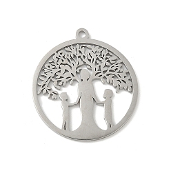 Нержавеющая Сталь Цвет 304 подвески из нержавеющей стали, плоский круг с деревом жизни и человеческим очарованием, лазерная резка, анти-тускнение, цвет нержавеющей стали, 33x29.5x1.5 мм, отверстие : 2 мм
