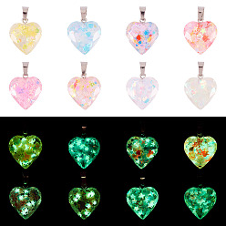 Сердце 15 шт. подвески из светящейся смоляной пайетки, с защелкой из нержавеющей стали на поручнях, сердце, 22x19.5x5 мм, отверстие : 7.5 мм