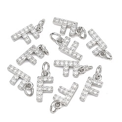 Letter F Colgantes Shegrace de latón con microengaste de circonitas cúbicas transparentes, sin níquel, 925 chapado en plata de ley, amuletos de la letra f, 12x6x2.5 mm, anillo de salto: 5x1 mm, diámetro interior: 3 mm