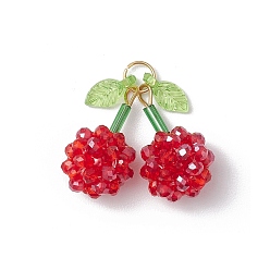 (123L) Белый крем непрозрачный блеск Стеклянные подвески, вишня, граненые, с акриловыми и золотыми 304 кольцами из нержавеющей стали, огнеупорный кирпич, 22.5x12.5 мм, отверстие : 4.5 мм