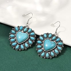 Античное Серебро Серьги-подвески из искусственного сплава бирюзы для женщин, сердце, античное серебро, 56.5x36.5 мм