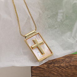 Cross Прямоугольные подвески из латуни с натуральными ракушками на цепочке, золотые, цвет морской раковины, крестик, 17.72 дюйм (45 см)