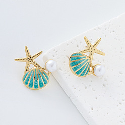 Turquesa Tema oceánico 304 Pendientes de botón de acero inoxidable esmaltado para mujer, forma de estrella de mar y concha, con perlas de imitación, turquesa, 22x24 mm