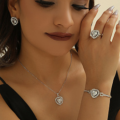Сердце Сплав с подвеской из горного хрусталя, браслетом, серьгами и кольцом, платина, сердце, 21x19 мм & 400~450 мм & 17 мм & 180~230 мм