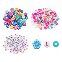 Mixed Color 50Pcs Handmade Polymer Clay Flower Plum Blossom Beads, 2 Strands Disc/Flat Round Beads, 100Pcs Flat Round Acrylic Beads, for DIY Jewelry Making Kits, Mixed Color, Beads: about 150pcs/bag