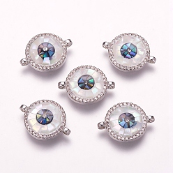 Platinum Brass Micro Pave Cubic Zirconia Links, with Freshwater Shell, Flat Round, Platinum, 13x17.5x3.5mm, Hole: 1mm