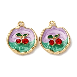 Плоский Круглый Подвески из эмалевого сплава легкого золота, черри прелести, со стразами, стойки покрытие, плоско-круглые, 23.5x19.5x5 мм, отверстие : 2 мм