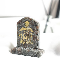 Syenite Тема Хэллоуина натуральный сиенит скульптура выставка украшения, для домашнего офисного стола, форма надгробия, Рисунок черепа, 62x56 мм