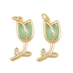 Настоящее золото 18K Латунные микропаве прозрачные подвески с фианитом, цветочный шарм, с соединительным кольцом и смолой, стойки покрытие, долговечный, без свинца и без кадмия, реальный 18 k позолоченный, 22x11x4.5 мм, отверстие : 3 мм