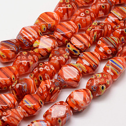 Оранжево-Красный Ручной работы стеклянная бусина тысячецветник нитей, граненые, кубоид, оранжево-красный, 14~16x10~12x10~12 мм, отверстие : 1 мм, около 22~25 шт / нитка, 15.7 дюйм
