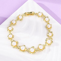 Настоящее золото 18K Браслеты из латунных звеньев с цветочным узором, украшения из пластикового жемчуга для женщин, без кадмия и без свинца, долговечный, стойки покрытие, реальный 18 k позолоченный, 7-1/4 дюйм (18.5 см)