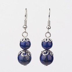 Lapis Lazuli Lapis Lazuli Dangle Earrings, with Brass Bead Caps and Earring Hooks, Round, 41mm, Pin: 0.7mm