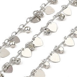 Platinum Rack Plating Brass Heart Link Chains, with Clear Glass Charms, Long-Lasting Plated, Soldered, with Spool, Platinum, Flat Round: 6x4x3mm, Heart: 7.5x6x0.2mm, about 32.81 Feet(10m)/Roll