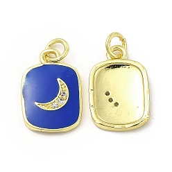 Blue Brass Micro Pave Cubic Zirconia Pendants, with Enamel & Jump Ring, Rectangle with Moon Charm, Golden, Blue, 16x11x2mm, Hole: 2.5mm