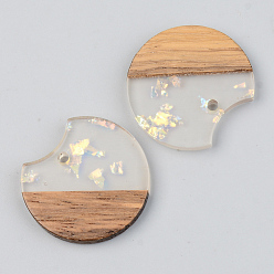 Clear Transparent Resin & Walnut Wood Pendants, with Glitter Paillettes, Gap Flat Round, Clear, 23x24.5x3mm, Hole: 2mm