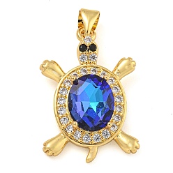 Средно-синий Черепаховая стойка покрытие латунь микропаве кубические цирконии подвески, без кадмия и без свинца, долговечный, реальный 18 k позолоченный, светло-синий, 25x17x5.5 мм, отверстие : 4x3.5 мм