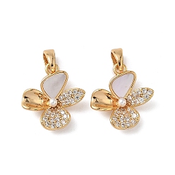 Настоящее золото 18K Латунные микро проложить кубического циркония подвески, цветок, с имитацией жемчуга и ракушки, без кадмия, без никеля и без свинца, реальный 18 k позолоченный, 15.5x14.5x4 мм, отверстие : 4.5x2.5 мм