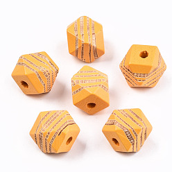 Оранжевый Расписные бусы из натурального дерева, лазерная гравировка, граненые, многоугольник с полосой зебры, оранжевые, 12x12x12 мм, отверстие : 3 мм